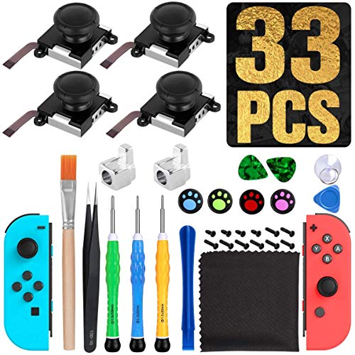 Sweetone 4 unidades 3D de reemplazo joystick analógico izquierdo/derecho pulgar palos de mando para Nintendo Switch Joycon, incluye juego completo de herramientas de reparación (33 en 1)