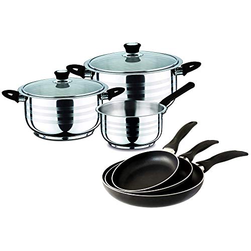 Swiss Home Set Black 16/20/24 y Batería Cocina, Acero Inoxidable y Aluminio prensado, 5 piezas + 3 sartenes