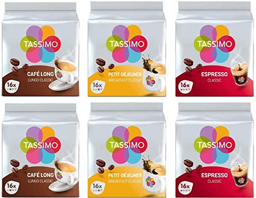 Tassimo Café Selección - Café Long Classic/Espresso Classic/Petit-Déjeuner Classic Cápsulas de Café - 6 Paquetes (96 Porciones)