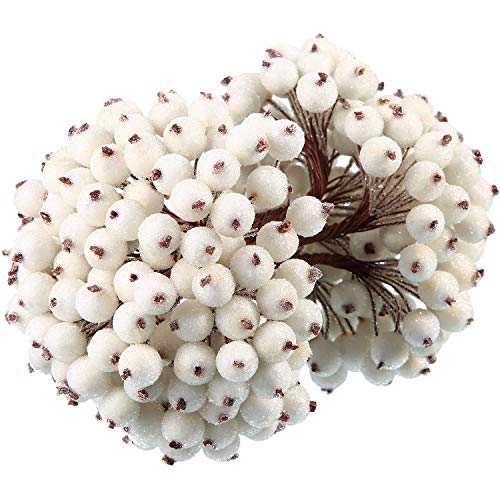 Tatuo Bayas de Acebo Falsas Escarchadas Artificiales 12 mm Mini Baya Frutas de Navidad Adornos de Flor (Blanco, 400)