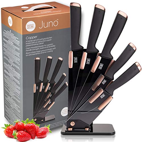 Taylors Eye Witness - Juego De Cuchillos De Cocina De Cobre Con Soporte, De 5 Piezas - Cuchillo Para Deshuesar, Para Uso General, Para Trinchar, Para Pan. Cuchillas Con Revestimiento Antibacteriano