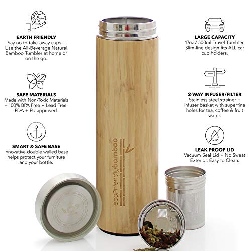 Teabloom Termo De Viajes Multiusos - Gran Capacidad 0,5 L - Taza Termo Con Aislamiento - Bambú Ecológico - Infusor De Té De Viaje - The Naturalist