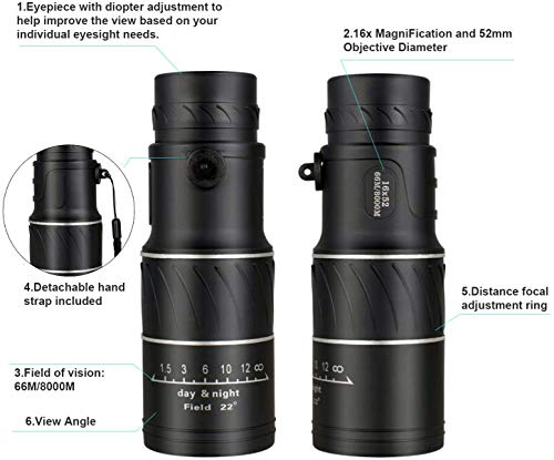 Telescopio Monocular, 16x52 HD Telescopio Impermeable Monocular para Móvil con Soporte para Smartphone y trípode para observación de Aves, Camping y Turismo