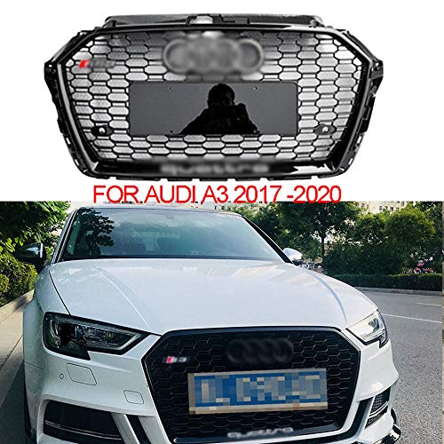 TERMALY Rejilla para A3 2017-2020, para Parrilla Delantera con Campana De Panal De Malla Hexagonal Deportiva Estilo Rs3, Accesorios para Automóvil,Black+Silver