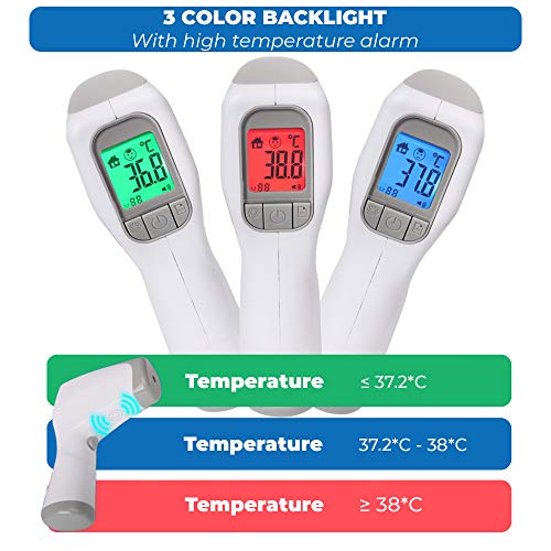 Termometro infrarrojos digital sin contacto. Pistola para frente para bebes y adultos. Medición de temperatura rápida y precisa, alarma de fiebre. Medición alimentos y superficies. Apagado automático.