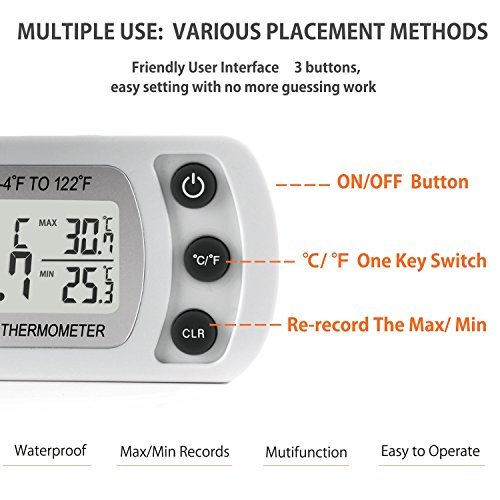 Termómetro para frigorífico, impermeable, termómetro para congelador, monitor de temperatura, pantalla LCD fácil de leer con gancho, 1pack, Blanco 4.90watts 3.00volts