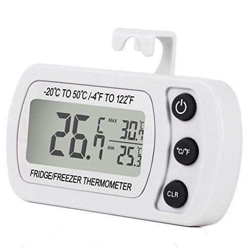 Termómetro para frigorífico, impermeable, termómetro para congelador, monitor de temperatura, pantalla LCD fácil de leer con gancho, 1pack, Blanco 4.90watts 3.00volts