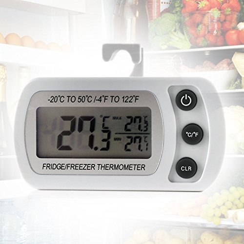 Termómetro para frigorífico, impermeable, termómetro para congelador, monitor de temperatura, pantalla LCD fácil de leer con gancho, 1pack, Blanco 4.90watts 3.00volts