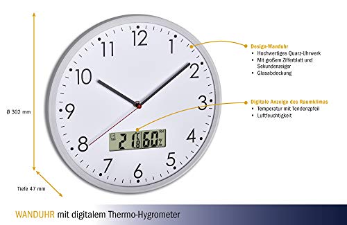 TFA Dostmann - Reloj de Pared analógico con termómetro Digital e higrómetro para Control del Clima, Cristal, Transparente, 310 x 55 x 340 mm