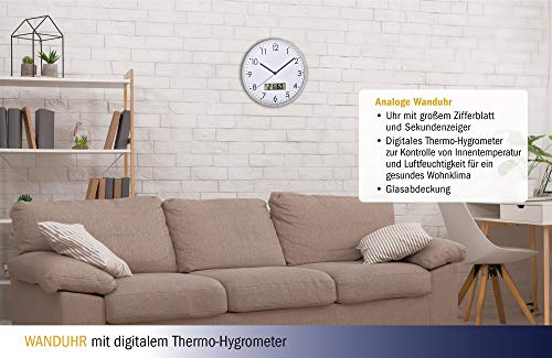 TFA Dostmann - Reloj de Pared analógico con termómetro Digital e higrómetro para Control del Clima, Cristal, Transparente, 310 x 55 x 340 mm