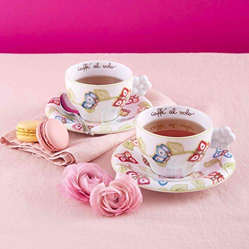 Thun – Juego de 2 tazas de café con diseño de mariposas y mango en forma de flor – Accesorios de cocina – Línea Mariposas en fiesta – Porcelana – Plato 12,5 x 2,5 cm