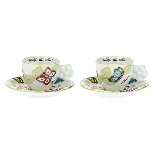 Thun – Juego de 2 tazas de café con diseño de mariposas y mango en forma de flor – Accesorios de cocina – Línea Mariposas en fiesta – Porcelana – Plato 12,5 x 2,5 cm