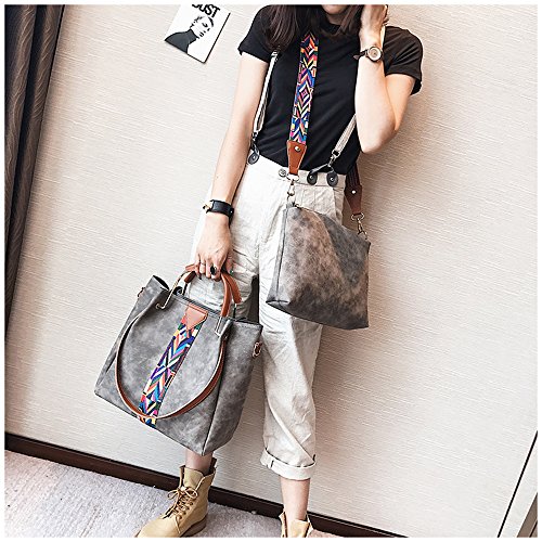 TIBES Bolso mujeres Monedero cuero sintético bolso sistema 2pcs Bolso de hombro vintage Bolsa de trabajo Gris