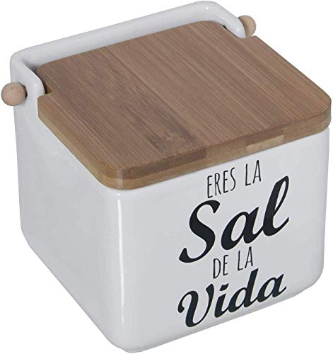 TIENDA EURASIA® Saleros de Cocina con Tapa Originales - Cerámica con Tapa de Bambú - 12x12x12cm (Sal DE LA Vida)