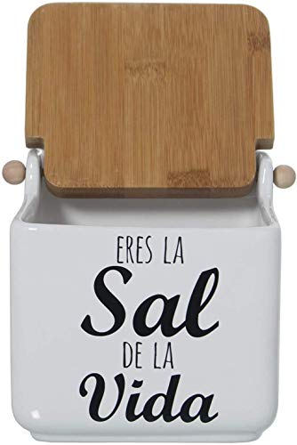 TIENDA EURASIA® Saleros de Cocina con Tapa Originales - Cerámica con Tapa de Bambú - 12x12x12cm (Sal DE LA Vida)