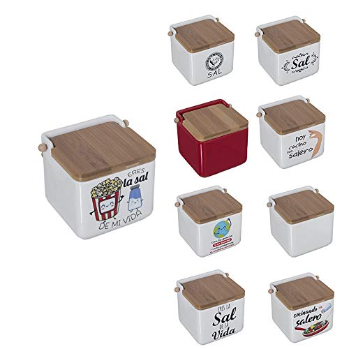 TIENDA EURASIA® Saleros de Cocina con Tapa Originales - Cerámica con Tapa de Bambú - 12x12x12cm (Sal DE MI Vida Palomitas)