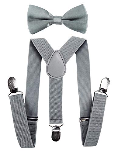 Tirantes para niños Axy con forma de Y con pajarita, con 3 pinzas extrarresistente, color liso gris gris claro