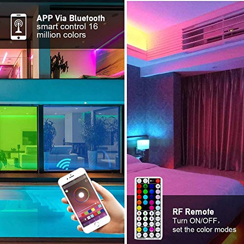 Tiras LED 5M, Romwish 5050 SMD RGB 150 LEDs con Control Remoto RF de 44 Botones & Control Bluetooth,para la Habitación, Dormitorio, fiestas, bares