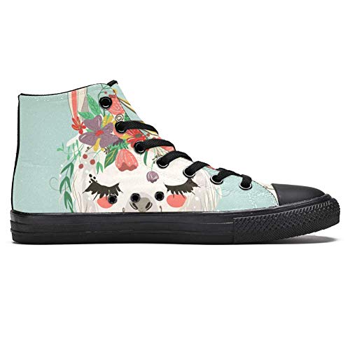 TIZORAX High Top Sneakers for Men Llama With Flowers Wreath Crown Printing Fashion Lace up Canvas Shoes Casual Walking Shoe