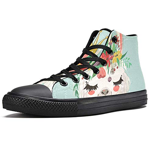 TIZORAX High Top Sneakers for Men Llama With Flowers Wreath Crown Printing Fashion Lace up Canvas Shoes Casual Walking Shoe