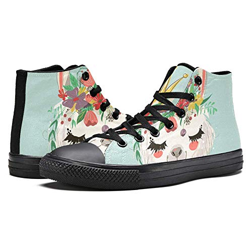 TIZORAX High Top Sneakers for Men Llama With Flowers Wreath Crown Printing Fashion Lace up Canvas Shoes Casual Walking Shoe