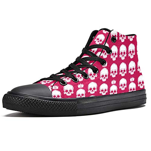 TIZORAX High Top Sneakers for Men Skulls And Crowns In Pink Printing Fashion Lace up Canvas Shoes Casual Walking Shoe