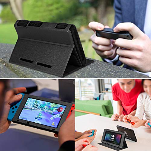 TNP Funda protectora con tapa y stand para Nintendo Switch, Soporte portátil de piel sintética de primera calidad con vista ajustable en varios ángulos para consola Nintendo Switch (Color Negro)