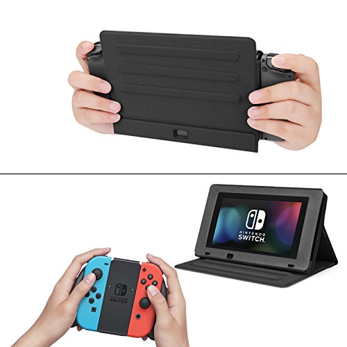 TNP Funda protectora con tapa y stand para Nintendo Switch, Soporte portátil de piel sintética de primera calidad con vista ajustable en varios ángulos para consola Nintendo Switch (Color Negro)