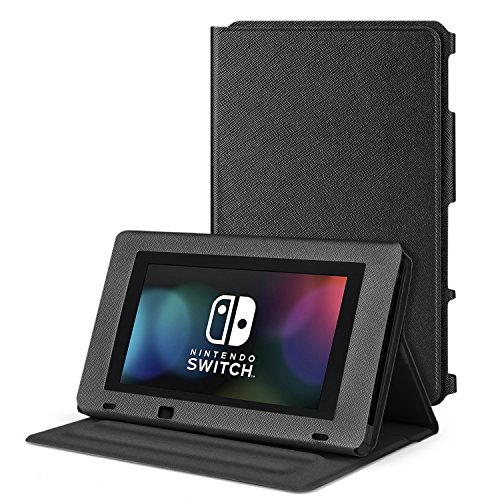 TNP Funda protectora con tapa y stand para Nintendo Switch, Soporte portátil de piel sintética de primera calidad con vista ajustable en varios ángulos para consola Nintendo Switch (Color Negro)