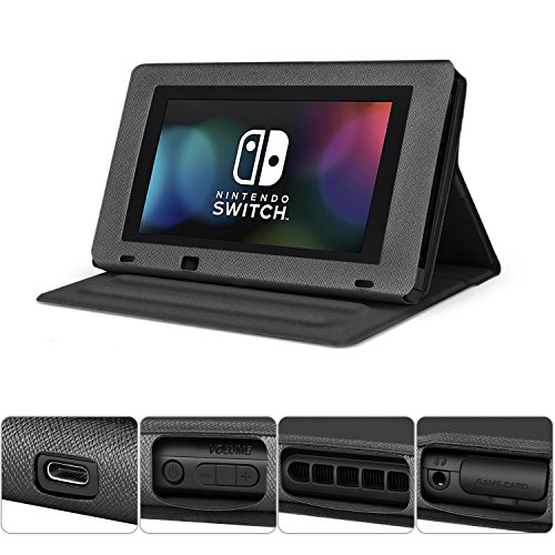 TNP Funda protectora con tapa y stand para Nintendo Switch, Soporte portátil de piel sintética de primera calidad con vista ajustable en varios ángulos para consola Nintendo Switch (Color Negro)