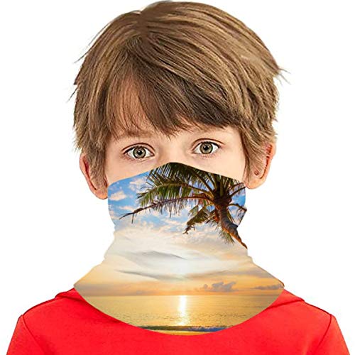 Toalla protectora de la cara de los niños con el interior de poket tropical paisaje marino puesta del sol palmeras 3d impreso Sunproof transpirable cuello bufanda para uso al aire libre o diario