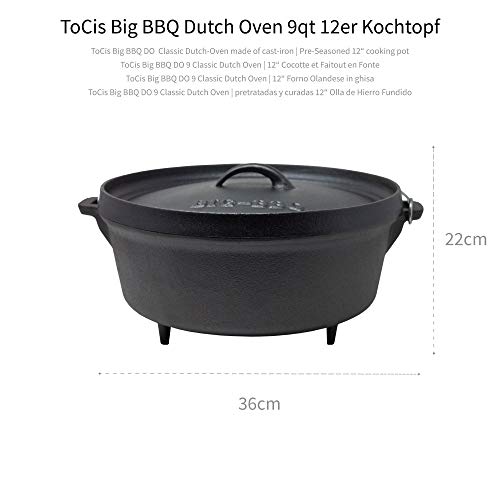 ToCis Big BBQ DO 9 Dutch Oven | Horno holandés de Hierro Fundido | pretratadas y curadas 12" Olla de Hierro Fundido | con Elevador y Soporte para la Tapa | con Las piernas