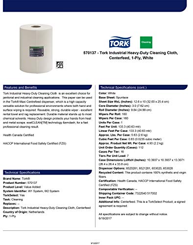 Tork 570137 Paño de limpieza industrial ultrarresistente Premium / 1 capa / Papel multiuso compatible con los sistemas W1, W2 y W3 / 1 bobina x 60,8 m de largo / color blanco