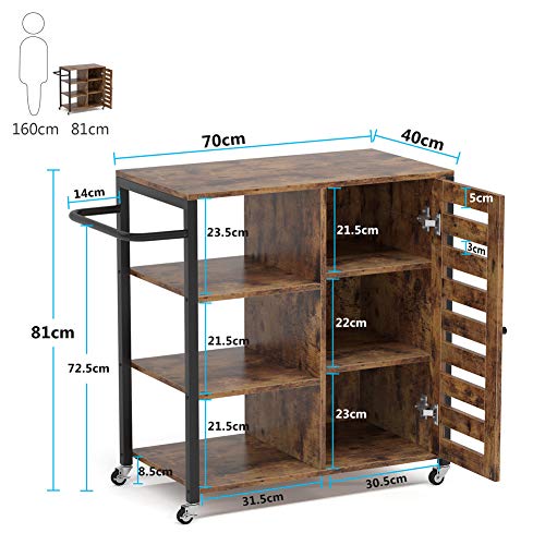 Tribesigns Trolley de Cocina Trolley de Servicio Carrito de Cocina Trolley de Catering Diseño Industrial Moderno con 3 estantes Abiertos 2 Ocultos Elegante Puerta de persiana Ruedas universales