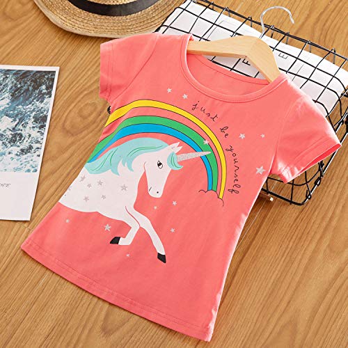 TTYAOVO Camiseta de Algodón Unicornio para Niñas, Camiseta de Manga Corta para Niños Camiseta de Impresión Unicornio Lindo Tamaño 3-4 Años Rosa