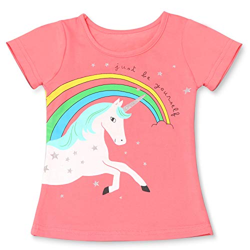 TTYAOVO Camiseta de Algodón Unicornio para Niñas, Camiseta de Manga Corta para Niños Camiseta de Impresión Unicornio Lindo Tamaño 3-4 Años Rosa