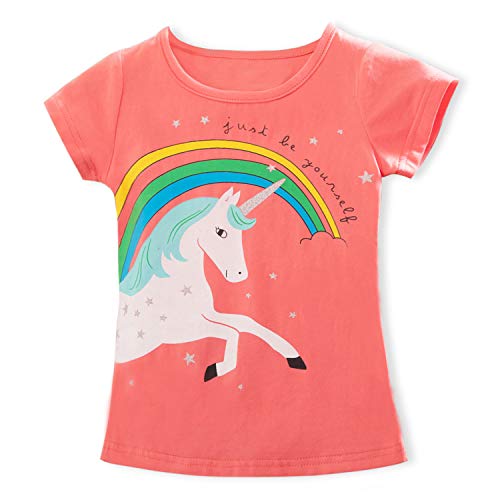 TTYAOVO Camiseta de Algodón Unicornio para Niñas, Camiseta de Manga Corta para Niños Camiseta de Impresión Unicornio Lindo Tamaño 3-4 Años Rosa