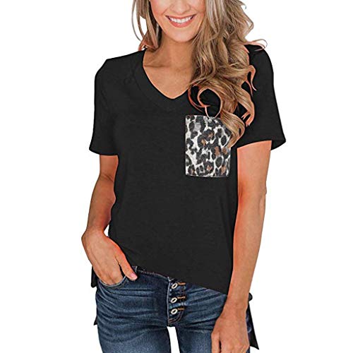 TUBUZ Blusas Mujer Manga Corta Verano Leopardo de La Camiseta del Cuello En V Camisas Camisetas Moda 2019 (Negro, XXL)