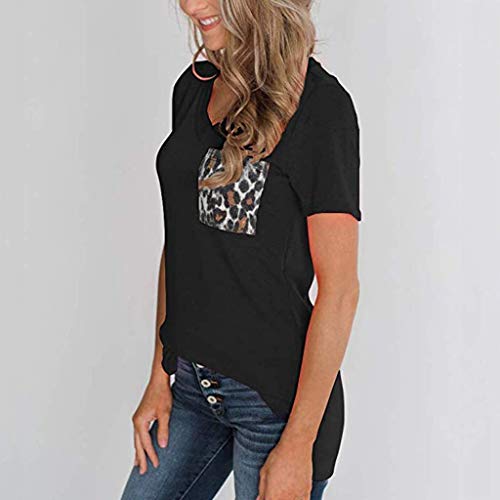 TUBUZ Blusas Mujer Manga Corta Verano Leopardo de La Camiseta del Cuello En V Camisas Camisetas Moda 2019 (Negro, XXL)