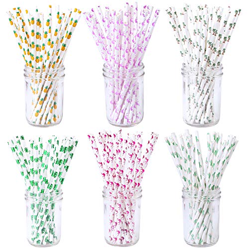 Tupa 150 Paja de Papel para Fiestas Tropicales Hawaianas Flamingo Piña Cactus Cocotero Hoja de Palma Biodegradable Pajita Apta para el Medio Ambiente para Favores de Fiesta (Conjunto de Colores A)