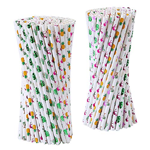 Tupa 150 Paja de Papel para Fiestas Tropicales Hawaianas Flamingo Piña Cactus Cocotero Hoja de Palma Biodegradable Pajita Apta para el Medio Ambiente para Favores de Fiesta (Conjunto de Colores A)