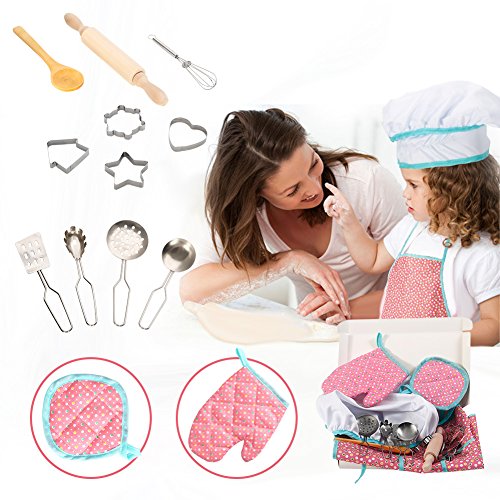 Twister.CK Childrens Chef Outfit Set, Impermeable para niños Delantales Kitchen Cooking rol Juego de imaginación, Dress up Costume Play Set para Toddler - 15 Piezas