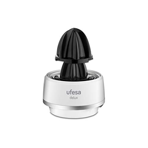 Ufesa EX4970- Exprimidor eléctrico con jarra de cristal de depósito 1,2L. Filtro de acero inoxidable, 2 conos de tamaño diferente y apto para lavavajillas. BPA Free