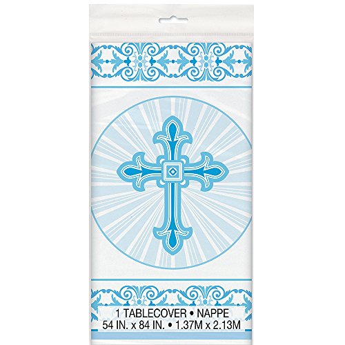 Unique Party - Mantel de Plástico - 2,13 m x 1,37 m - Diseño Religioso Cruzado Radiante - Color Azul (43823)