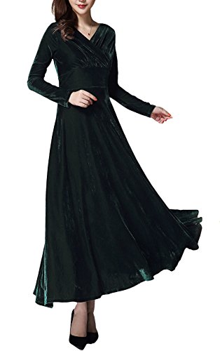 Urban GoCo Mujeres Vestidos Terciopelo Largo Elegante V-Cuello Manga Larga Maxi Vestidos para Cóctel Fiesta (M, Verde)