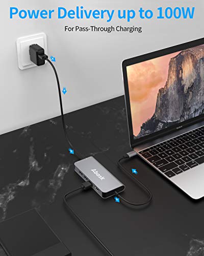 USB C Hub 8 en 1, Abask Adaptador USB C con 4K HDMI, Puerto Gigabit Ethernet, 3 Puertos USB 3.0, Lector Tarjetas SD/TF, 100W Power Delivery Carga, Compatible con Macbook Pro, DELL XPS, Chromebook, etc