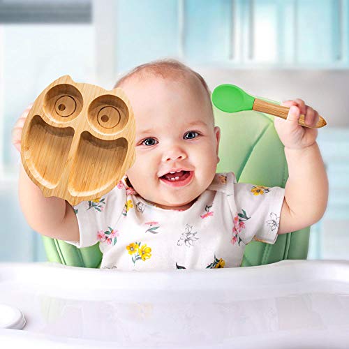 Vajillas Juego de platos de Bambú para niños incluye un plato con ventosa y cubierto silicona para bebé sin BPA (forma de búho)