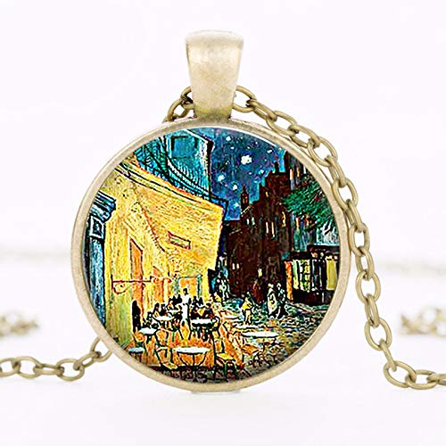 Van Gogh Cafe Terrace Art - Colgante de cristal con cabujón, joyería de bistró, regalo de restaurante, cadena larga para mujer