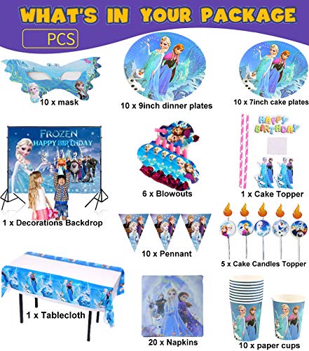 veeyiki Conjunto de Suministros para Fiestas de Cumpleaños Princesa de Hielo,Mantel,Plato,Servilleta,Banderín,Soplador,Cuchillo,Cuchara,de Tenedor,Vaso de Papel,Máscara,Adorno para Vela de Pastel