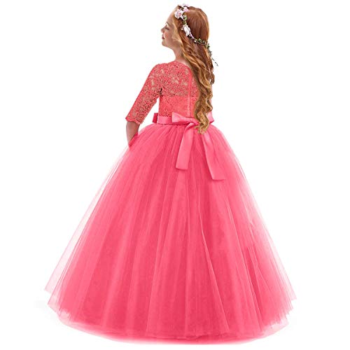 Vestido de Fiesta de Tul de Encaje Falda de Princesa para Niñas - 3/4 Largo Manga Boda Fiesta Graduación Comunión Cumpleaños Paseo Baile Cóctel Vestido de Novia Melon Rojo 9-10 Años